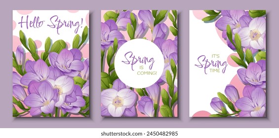 Set of greeting card templates with spring flowers. Banner, poster with purple and yellow freesia. Vector illustration of delicate flowers in cartoon style for card, invitation, background, etc.