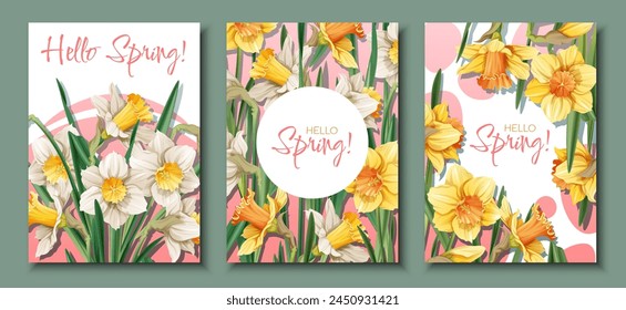 Set of Greeting card templates with spring flowers. Banner, poster with daffodils. Easter illustration of delicate flowers in cartoon style for card, invitation, background, etc.