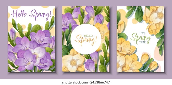 Set of greeting card templates with spring flowers. Banner, poster with purple and yellow freesia. Vector illustration of delicate flowers in cartoon style for card, invitation, background, etc.