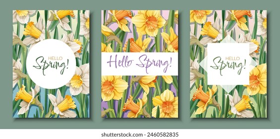 Conjunto de Plantillas de tarjeta de felicitación con flores de primavera. Anuncio, cartel con narcisos. Ilustración de Pascua de flores delicadas en estilo de dibujos animados para tarjeta, invitación, fondo, etc.