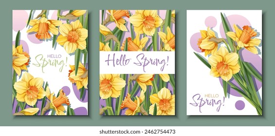 Set von Grußkarten-Vorlagen mit Frühlingsblumen. Banner, Poster mit Narzissen. Osterillustrierung von zarten Blumen im Cartoon-Stil für Karte, Einladung, Hintergrund, etc.