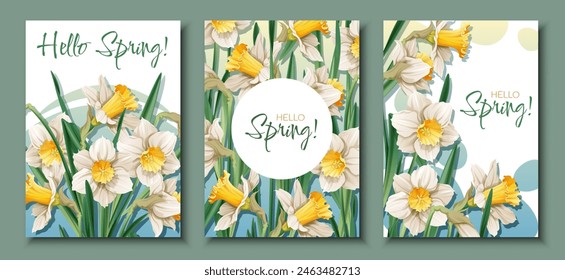 Set of Greeting card templates with spring flowers. Banner, poster with daffodils. Easter illustration of delicate flowers in cartoon style for card, invitation, background, etc.