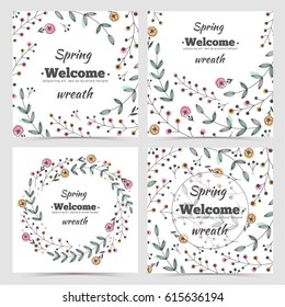 Set of greeting card templates with spring flowers and leaves. Line drawing