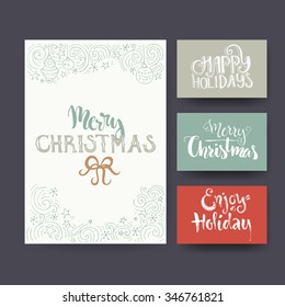 Set of greeting card templates with unique Christmas design elements and lettering. Hand drawn Christmas cards. All elements isolated in background and easy to use.