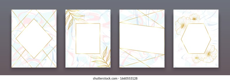 Set Of Greeting Card Templates As Wedding, Bithday Party Or Social Event Flyer. Greeting Card With Soft Light Pink, Blue And Light Grey Marble Texture And Geometric Golden Frames. Decorated By Floral