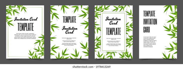 Set of greeting card templates wedding cards with fresh green bamboo stems and leaves on a white background. Exotic botanical design for cosmetics spa perfume health care products aroma.