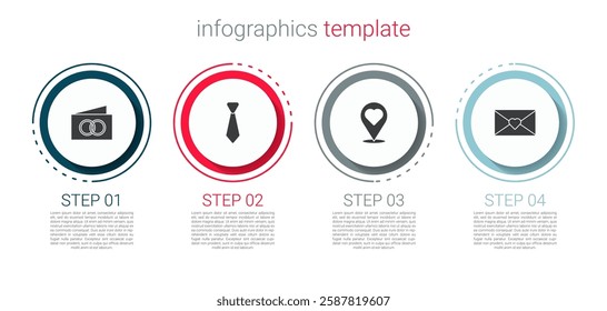 Set Greeting card, Tie, Location with heart and Envelope Valentine. Business infographic template. Vector