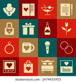 Set Greeting card, Wedding rings, Flower rose, Cocktail, Gift box, Lock and heart, Necklace on mannequin and Champagne bottle icon. Vector
