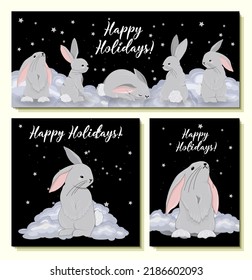 Set of greeting cards 2023. Happy holidays. Rabbit symbol of 2023