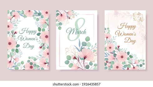 Juego de tarjetas de felicitación 8 de marzo. Flores con flores rosadas, flores doradas y hojas de eucalipto verdes sobre marco dorado. Feliz Día de la Mujer.