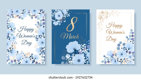 Set Of Greeting Cards 8 March. Flower Frame With Blue Flowers, Gold Flowers And Eucalyptus Leaves On Gold Frame. Happy Women's Day.