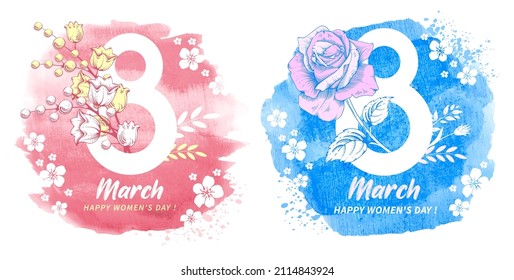 Set Of Greeting Cards For 8 March, International Womens Day, With Number 8, Congrats Text And Spring Flowers On The Pink And Blue Watercolor Background. Simple And Trendy Design Templates. Vector.