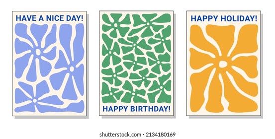 Set of greeting cards, advertising banners. Stylized trendy flowers. Vector illustration.