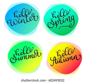 Set of greeting cards For all seasons Hello summer spring autumn winter. Cards with watercolor round texture