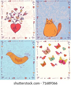 Set of greeting cards with animals and flower