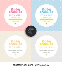 Set of greeting cards and Baby shower invitation. Girl, Boy, and Twins. Pastel soft colors. Vector illustration.