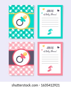 Set of greeting cards and back side for girl and boy baby shower with cute nipple. Baby shower invitation