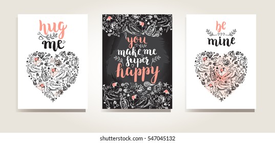 Set of greeting cards. Backgrounds with calligraphy brush lettering and hand drawn elements. Template cards, banners or poster for Valentine's Day. Vector illustration.