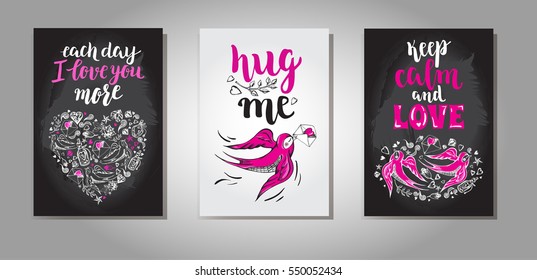 Set of greeting cards. Backgrounds with calligraphy brush lettering and hand drawn elements. Template cards, banners or poster for Valentine's Day. Vector illustration.