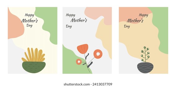Set of greeting cards, backgrounds, Happy Mother's Day, in doodle style with original flowers and leaves, vector illustration for banner, modern, bright colors
