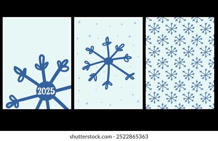 Conjunto de cartões de saudação, fundos, cartazes para feriados e estação de inverno com floco de neve de doodle desenhado à mão
