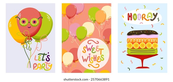 Set of greeting cards with balloon characters in party glasses, balloon pattern, cake and lettering of Hooray, Sweet Wishes and Lets Party. For party invitations, holidays or sending funny messages