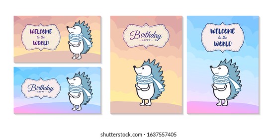 Set of greeting cards, banners, birthday greetings. Advertising poster, business card, web, animation. Figure, character of a hedgehog in a scarf