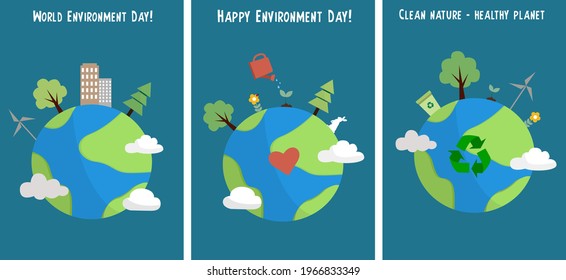 Set of greeting cards or banners concept for World Environment Day. Image with Earth, trees, clouds, plants. Design for June 5th World Environment Day.