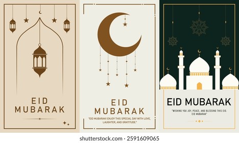 Set of greeting cards or banners with crescent and lanterns, eid mubarak arabic saying Blessed Festival or Feast. Eid al Adha or Eid ul fitar paper, Muslim, islam poster