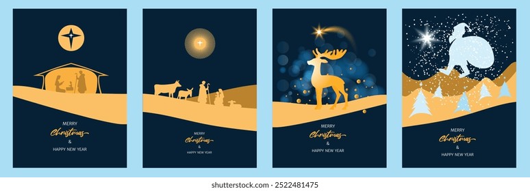 Set of Greeting cards or banners Merry Christmas and Happy New Year. Minimalist style. Silhouettes of Jesus Christ, Mary, Joseph and animals, star, Santa, deer