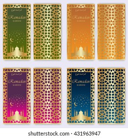 Set of greeting cards or banners with mosques, stars and moon. Ramadan kareem. Gold design on colorful background.