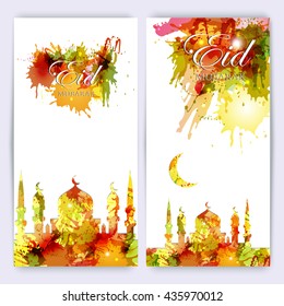 Set of greeting cards or banners with mosques, moon, paint splashes and congratulatory text Eid mubarak.