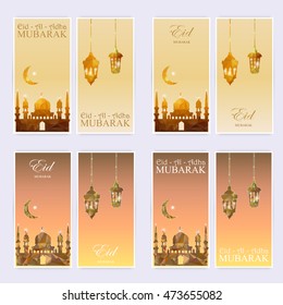 Set of greeting cards or banners with mosques, stars, moon and arabic lamp.Eid-al-adha mubarak.