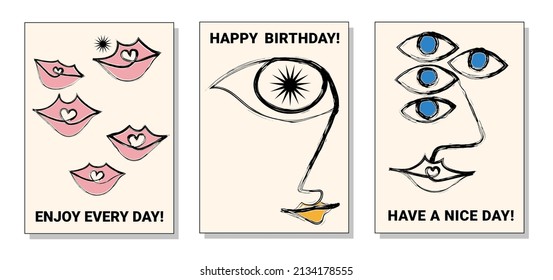 Set of greeting cards, banners. Stylized face. Art, fashion, style. Vector illustration.