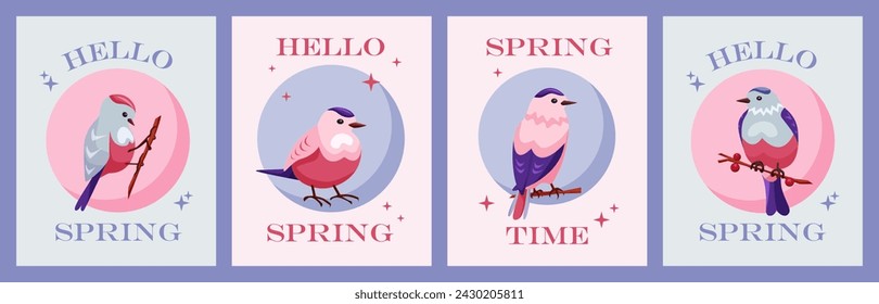 Set of greeting cards with birds. Greeting card with the beginning of spring. Cute little bird in pink and blue on round background. Magical illustration in retro style.