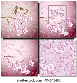 Set of greeting cards with a blossom sakura for your design. Tender pink background with japanese floral pattern with white frame