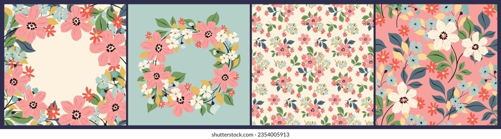 A set of greeting cards with botanical decor: two cards of seamless pattern, two with a floral frame, wreath. Cute invitation template, background with hand drawn flowers, leaves. Vector illustration.