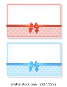Set of greeting cards with bows of satin ribbons and hearts isolated on white background. Vector illustration.