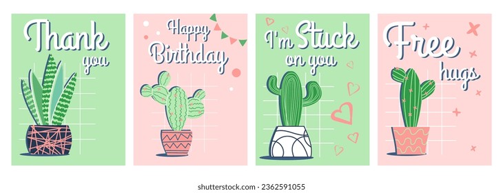 Set of greeting cards with cacti in flat style. Colorful illustration of postcards in trendy colors green and pink.