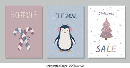 A set of greeting cards. Candy, penguin, Christmas tree. Happy New Year. Vector Christmas illustration. Cheers, let it snow, sale