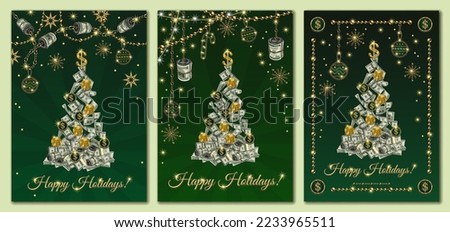 Set of greeting cards with cash money. Christmas tree made of 100 dollar banknotes, coins. Garland of jewelry gold chains with dollar rolls. Shiny snowflakes, stars, sparkles on green background
