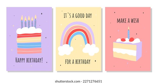 Set of greeting cards for celebration birthday. Hand drawn trendy cartoon cake, happy birthday lettering. Vector illustration