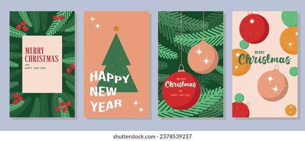 Juego de tarjetas de felicitación para Navidad y Año Nuevo. Conceptos vectoriales modernos para tarjetas de felicitación, banner de sitio web y móvil, tarjeta de invitación, afiches, banners de medios sociales.