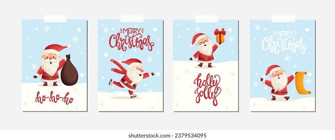 Set of greeting cards for Christmas new year winter holiday with cute funny xmas Santa Clauses and lettering. Christmas poster vector illustration in flat cartoon style