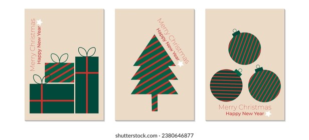 Set of greeting cards for Christmas and New Year with Christmas tree, geometric shapes, gifts, balls. Vector illustration concepts for graphic and web design, social media banners, marketing materials