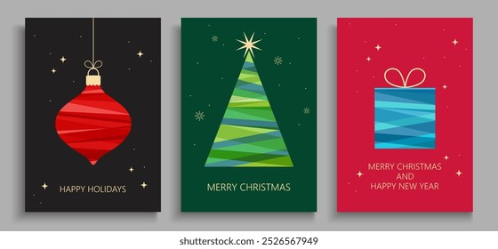 Set of greeting cards with Christmas and New Year. Christmas tree, Christmas tree toy, gift. Vector illustration