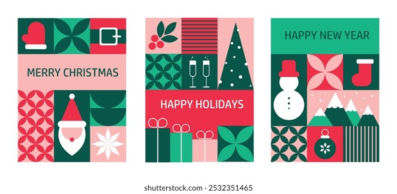 Um conjunto de cartões de saudação para o Natal e Ano Novo com elementos abstratos de mosaico moderno e banners geométricos, perfeito para designs modernos, elegantes e festivos.