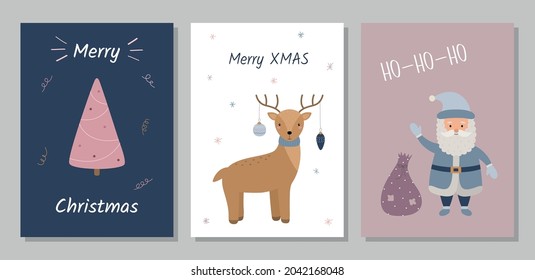 A set of greeting cards. Christmas tree, deer, Santa Claus. Happy New Year. Vector illustration. Merry XMAS, Ho-ho-ho