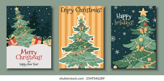 Conjunto de tarjetas de felicitación con un árbol de Navidad decorado con guirnaldas, arcos y una estrella en un estilo de dibujos animados planos. Cartel de Ilustración vectorial para Navidades, Anuncio.