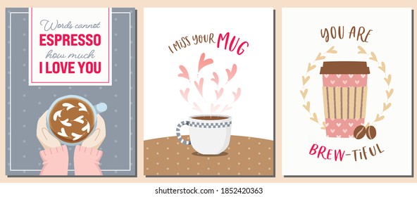 Set von Grußkarten mit Kaffee und Liebe Thema. Punny Valentinstag Karten für Kaffeeliebhaber.